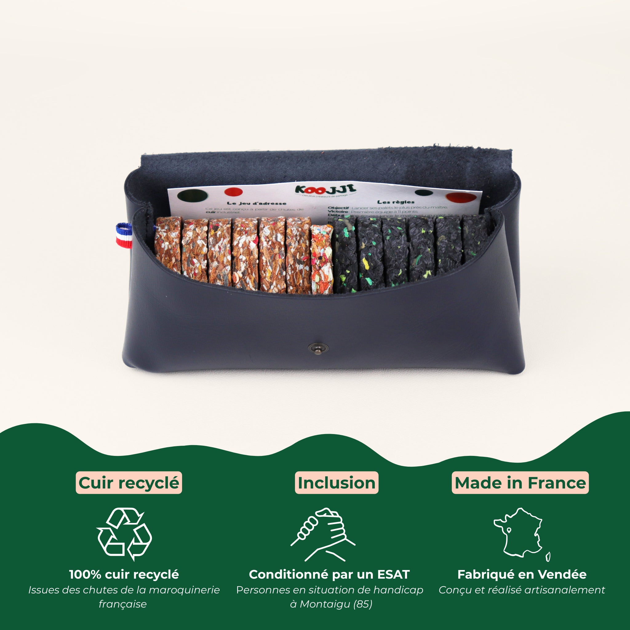 Jeu d’adresse familial KOOJJI – coffret de 12 palets en cuir coloris croco pour jouer en famille