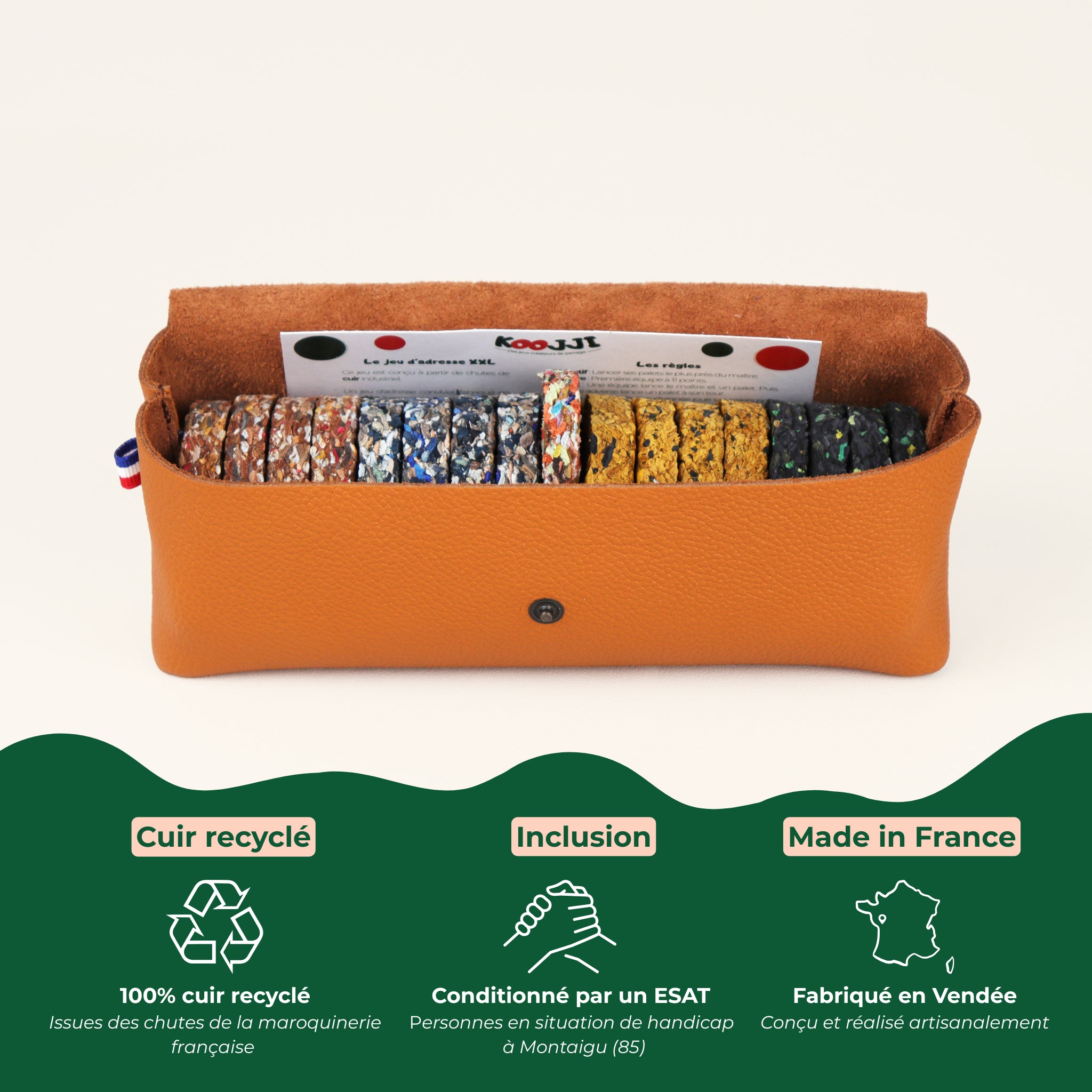 Jeu d’adresse familial KOOJJI – coffret de 16 palets en cuir pour jouer en famille